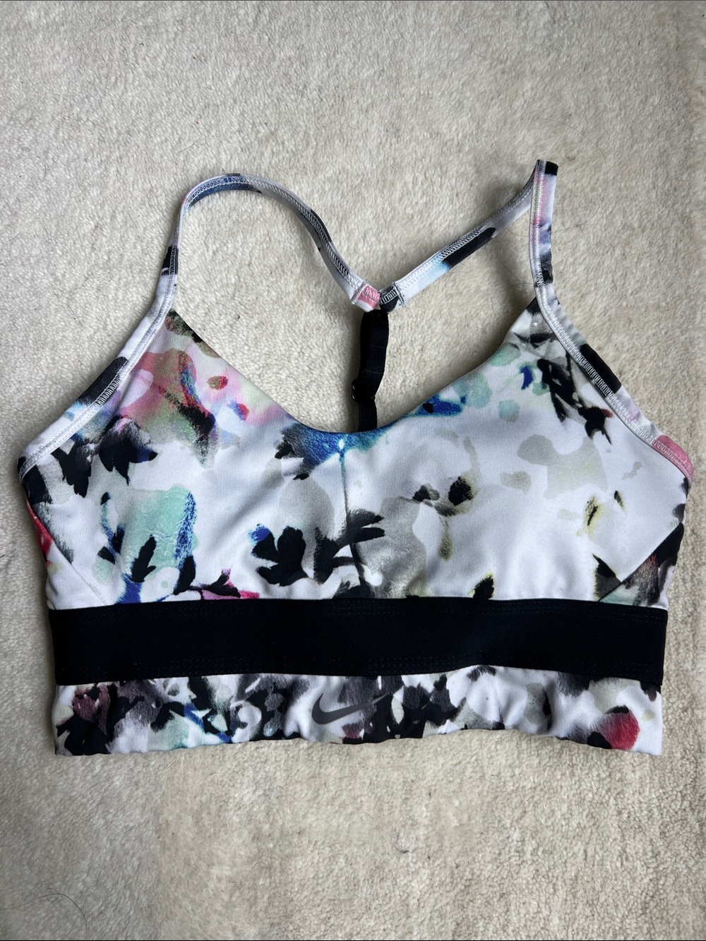 Nike Dri-Fit Indy Floral Small White Floral Black Print Y Back Sports Bra